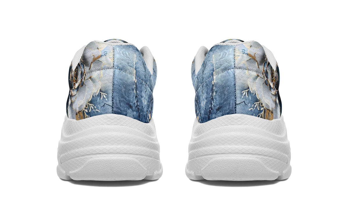 Gold And Blue Florals Chunky Sneakers