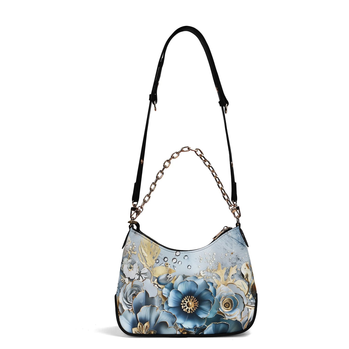 Gold And Blue Florals Cross-Body Bag