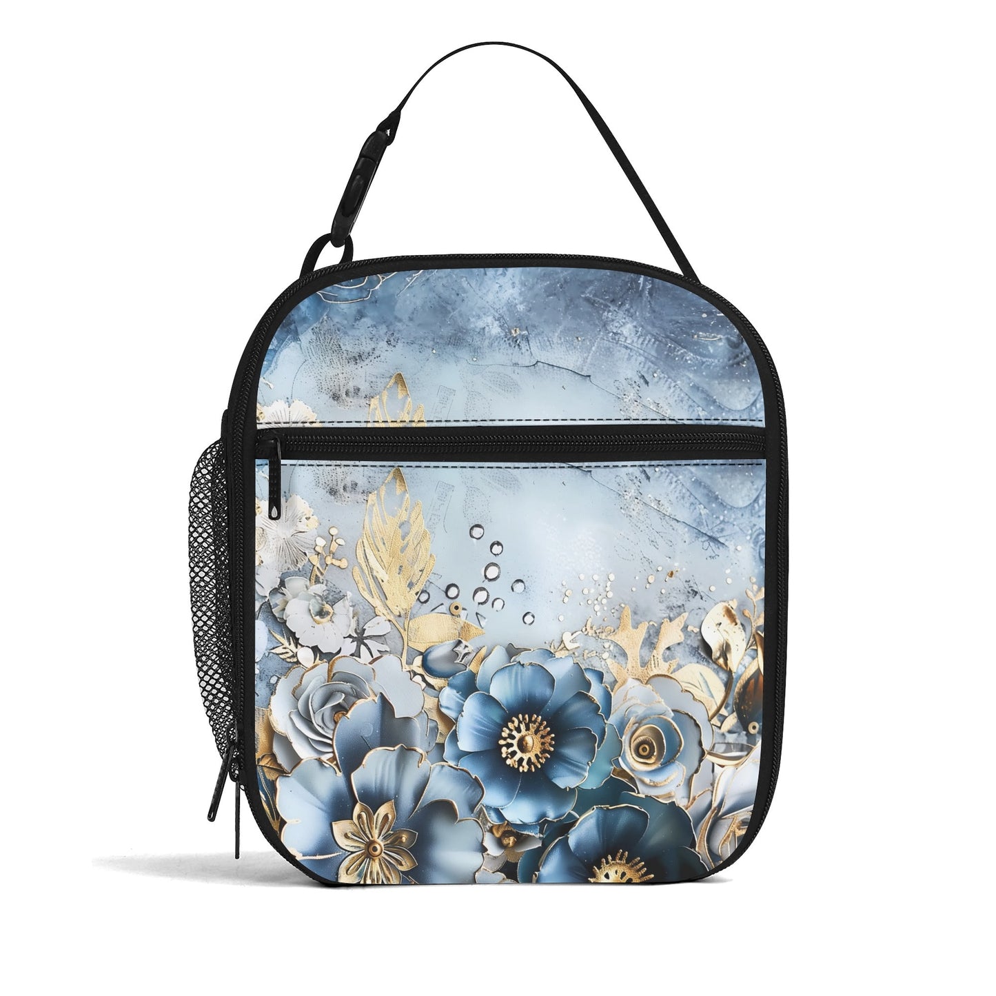 Gold And Blue Florals Insulated Lunch Bag