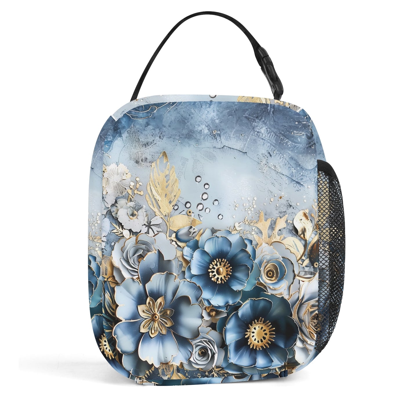 Gold And Blue Florals Insulated Lunch Bag