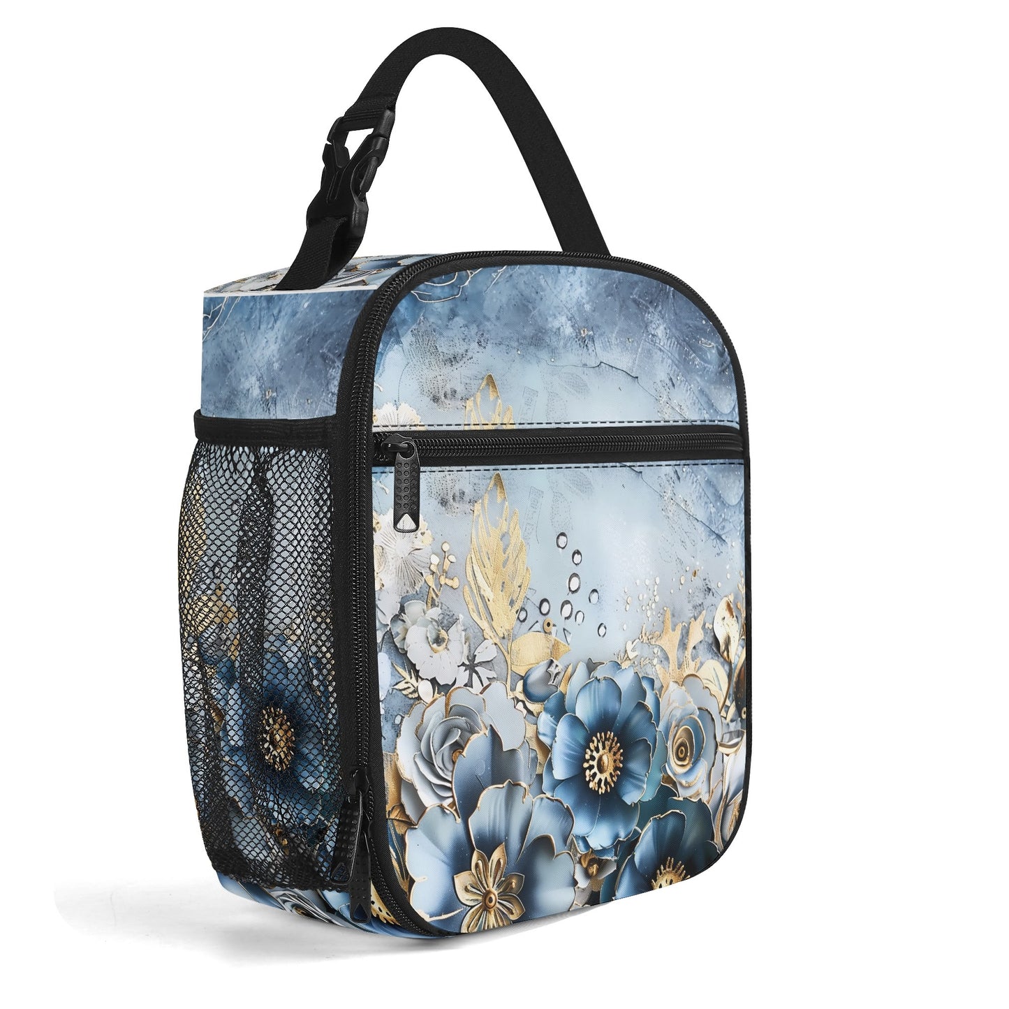 Gold And Blue Florals Insulated Lunch Bag