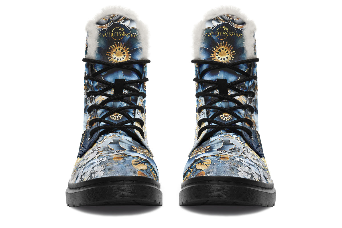 Gold And Blue Florals Cozy Boots