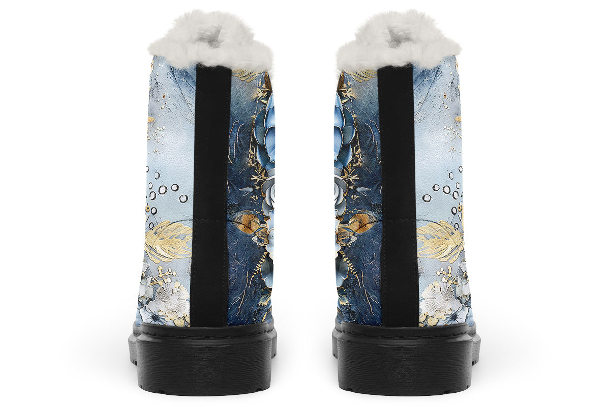 Gold And Blue Florals Cozy Boots