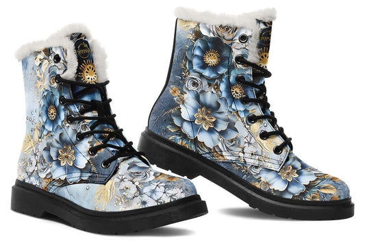 Gold And Blue Florals Cozy Boots