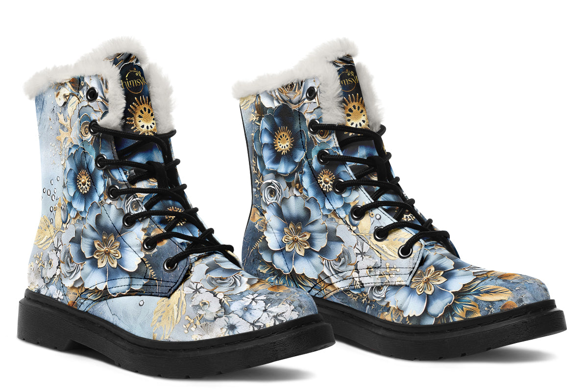 Gold And Blue Florals Cozy Boots