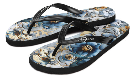 Gold And Blue Florals Flip Flops