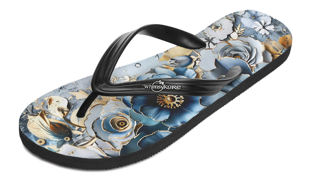 Gold And Blue Florals Flip Flops