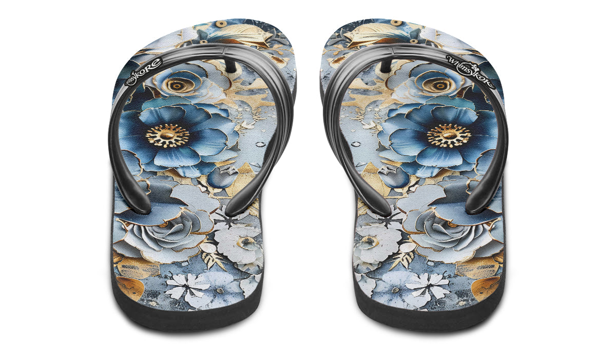 Gold And Blue Florals Flip Flops