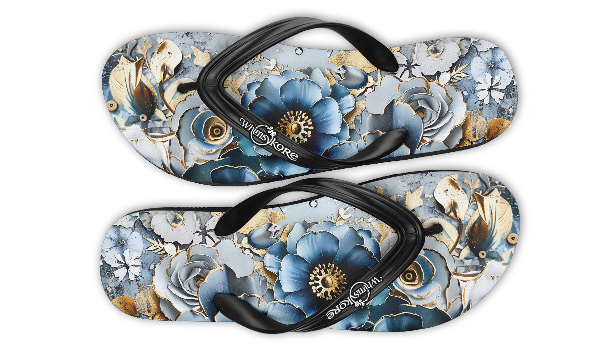 Gold And Blue Florals Flip Flops