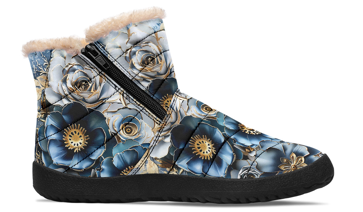 Gold And Blue Florals Winter Boots