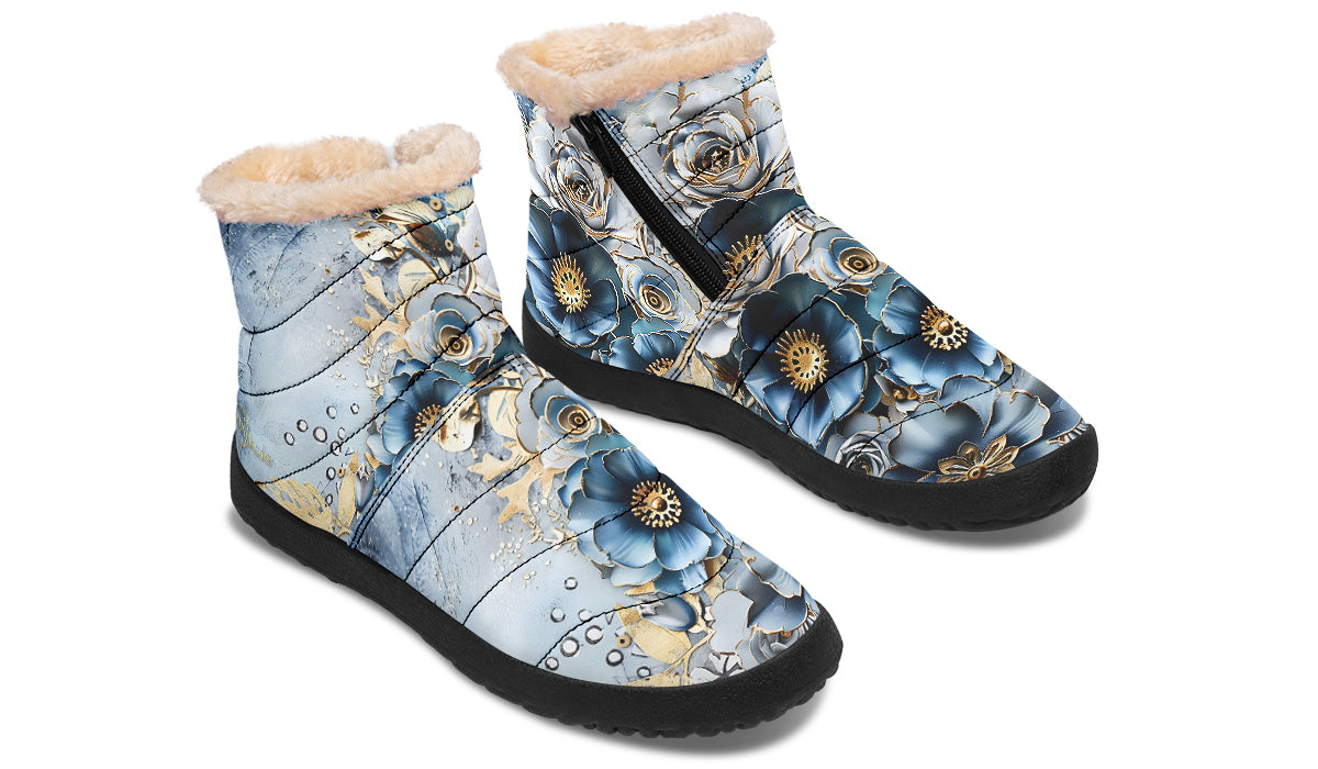 Gold And Blue Florals Winter Boots