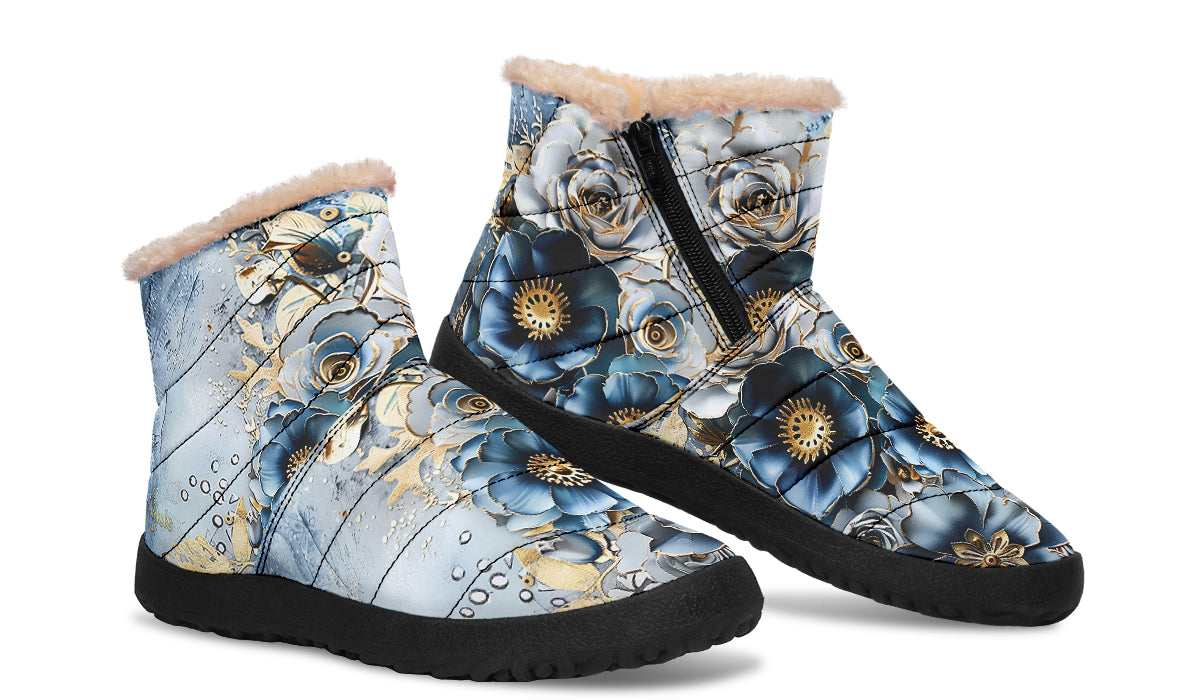 Gold And Blue Florals Winter Boots